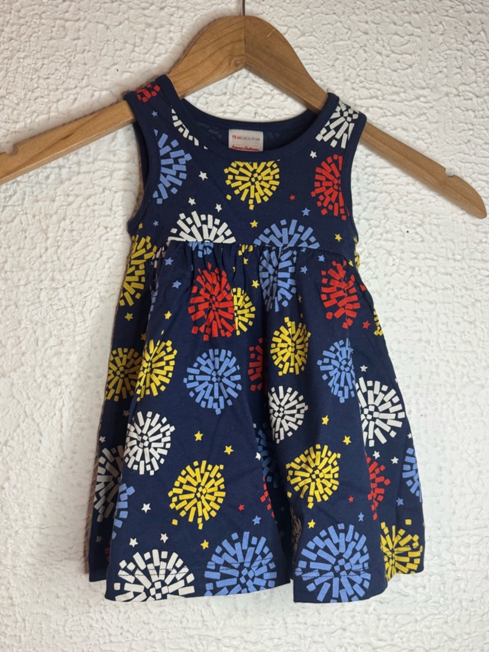 Hanna Andersson Navy Dress with Red, Yellow, Blue & White Firework Print
